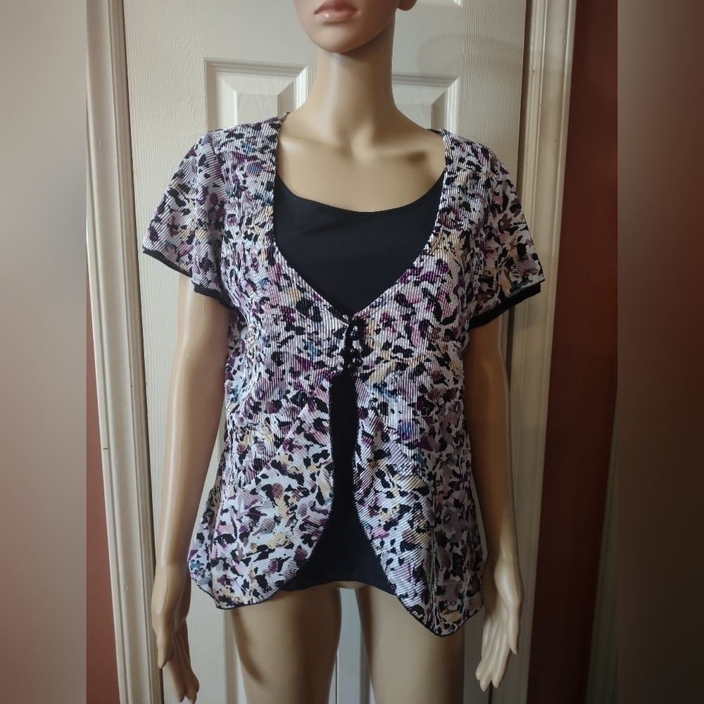 Notations Layered Look Top Blouse Women's Large Short Sleeve Crinkled